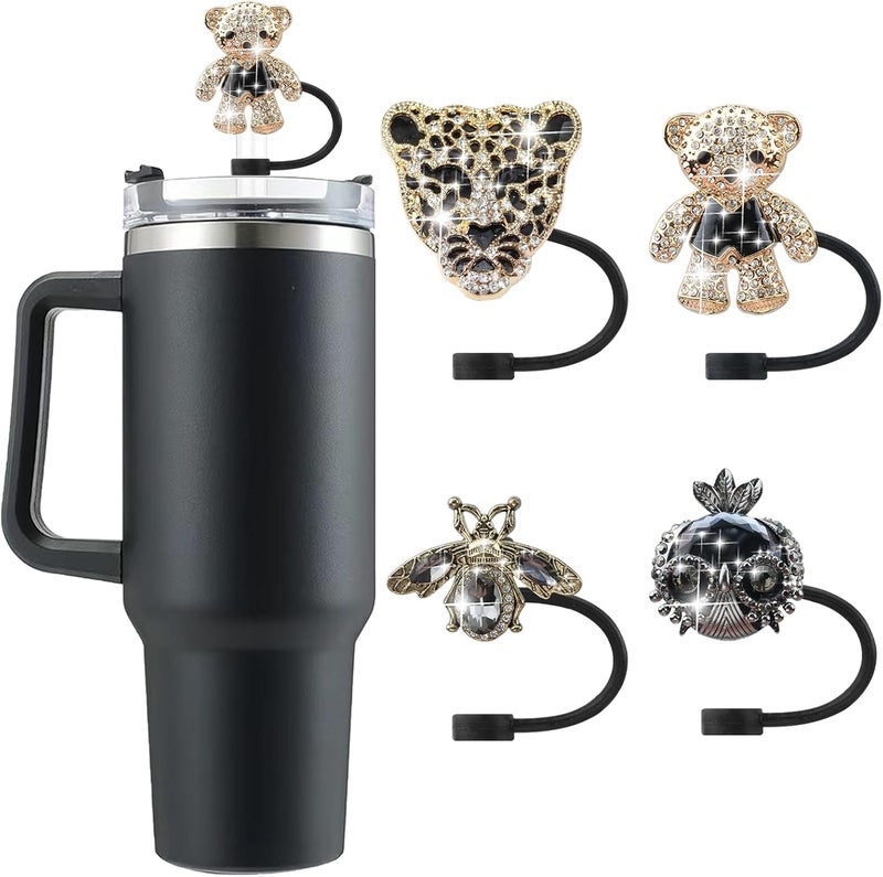 SEMATA 4PCS Black Straw Cover Cap for Stanley Cup Accessories,Bling Crystals Straw Toppers for Stanley Tumbler 40&30 oz,Rhinestone Reusable Straws Tips Protectors Compatible with 10mm Straws - Image 1
